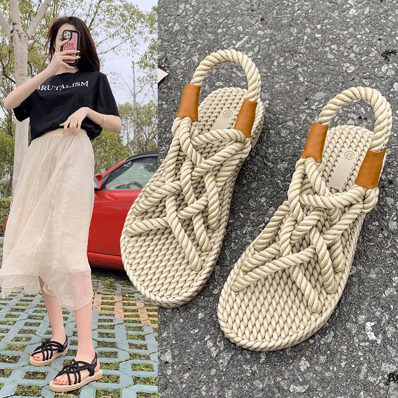 2025Women's Sandals Vintage UL Rainbow Blue Beach Slippers Handmade Bohemian Espadrilles