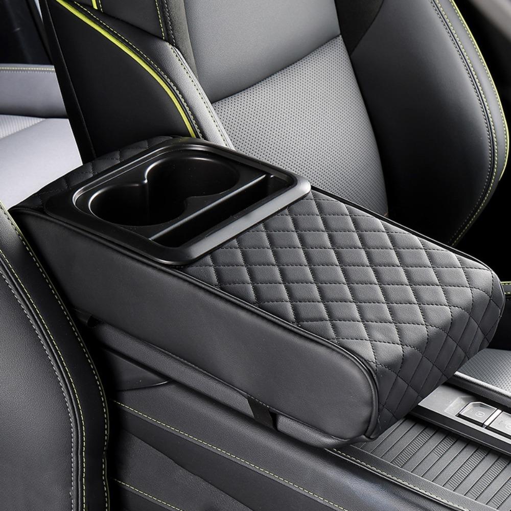 PU Leather Car Armrest Pad with Cup Holder Height Increasing Center Console Armrest Cushion Thickened Multifunctional
