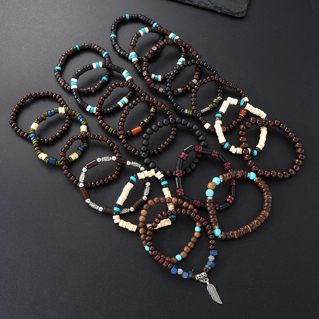 20pcs Vintage Bohemian Wooden Beaded Bracelets For Women Men Butterfly Cross Beads Fashionable Stacking Bracelet Gift