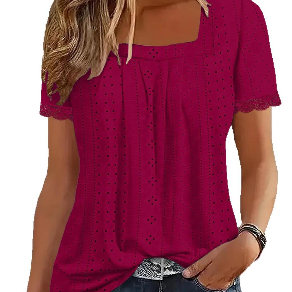 2025 Summer European & American Square Neck Eyelet Jacquard Short Sleeve Women's Top