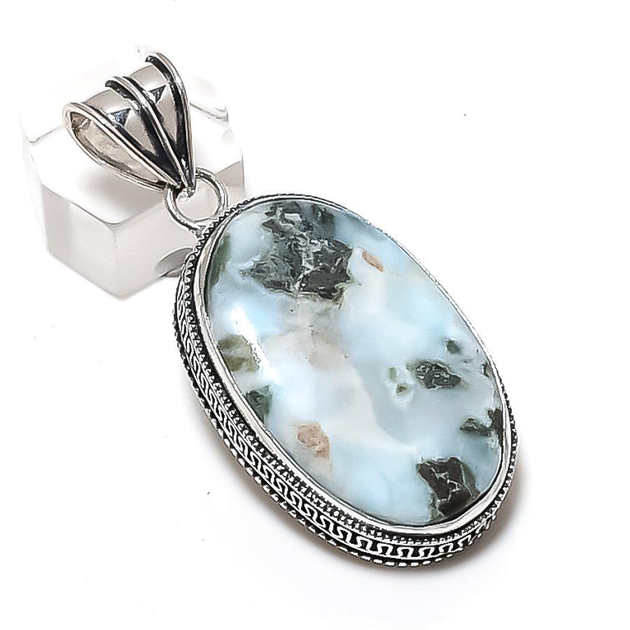Larimar Gemstone Handmade 925 Sterling Silver Jewelry Pendant 2.17" d6L35