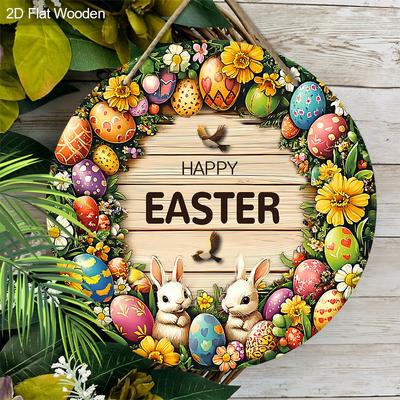 Wooden Happy Easter Bunny & Egg Round Wooden Sign -for Door, Wall, Home, Room, Farmhouse, Street, Shop, Garage, Bar, Garden, and Coffee House Decor