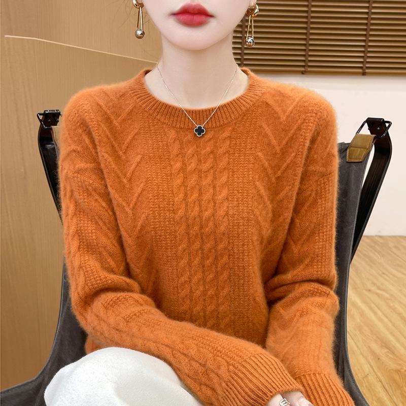 

Женский свитер из 100% шерсти, кабельной вязки, приталенного кроя - пуловер с круглым вырезом для осени/зимы XXL for 140-155 lbs