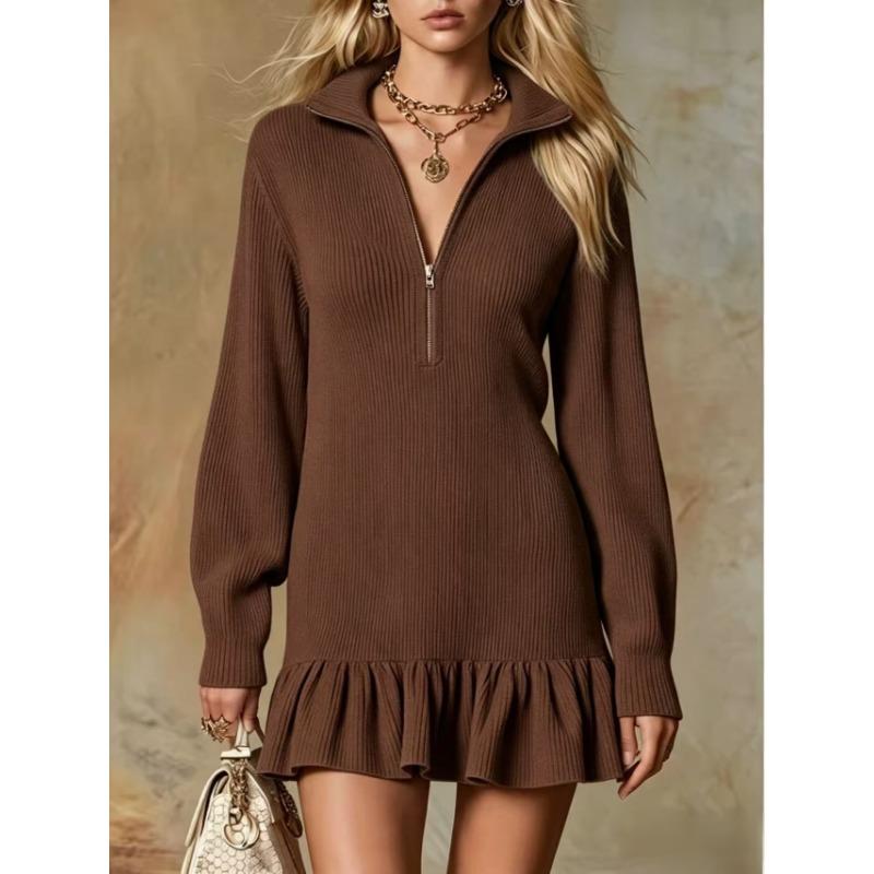 Women S Half Zip Ruffled Mini Dress Long Sleeve V Neck Casual