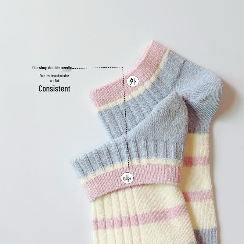 Women's Candy Color Double Needle Cotton Socks – Summer Non-Slip, Breathable, Sweat-Absorbent, Low-Cut Korean Style.