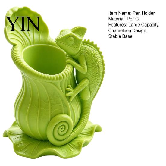Animal Statue Decor Chameleon Design Pen Holder, PETG Stationery Organizer with Stable Leaf Artistic Desk for Office Base, 3D Supplies Storage