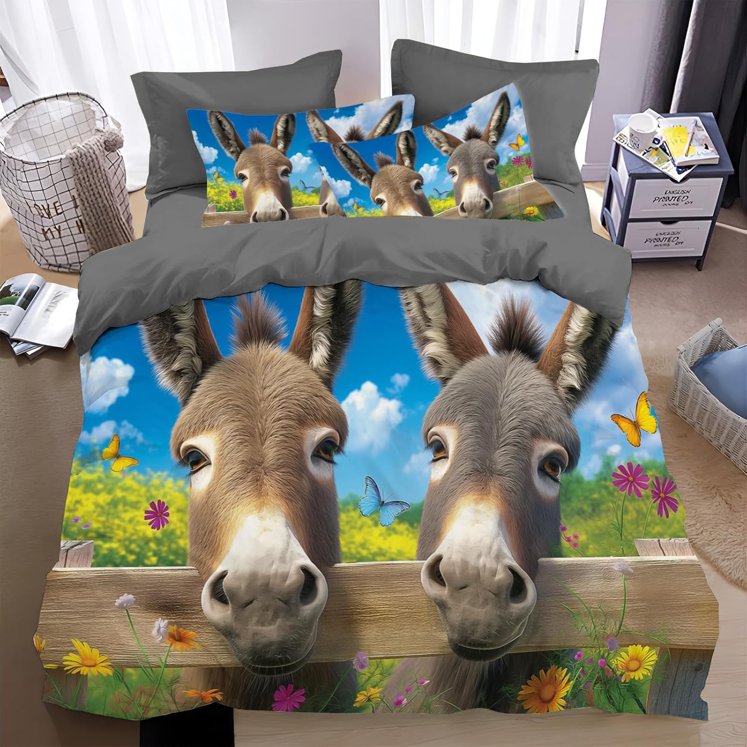 

Donkey Beding Set Twin Ful King Kawai Farmhouse Soft Duvet Cover Lovely Animals Warm Comforter Cover for Young Boys Young Girls Tens Rom Dorm Decor 100*200cm Single
