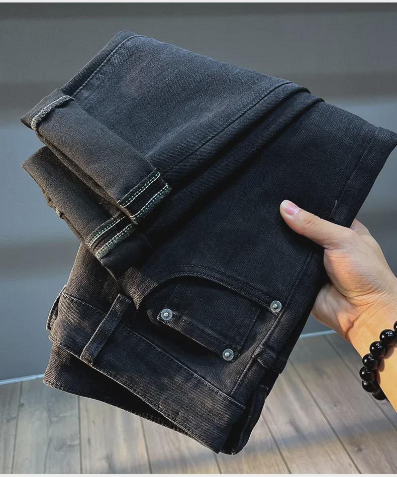 Men's Slim Fit Elastic Embossed Jeans - Black European Autumn/Winter Collection