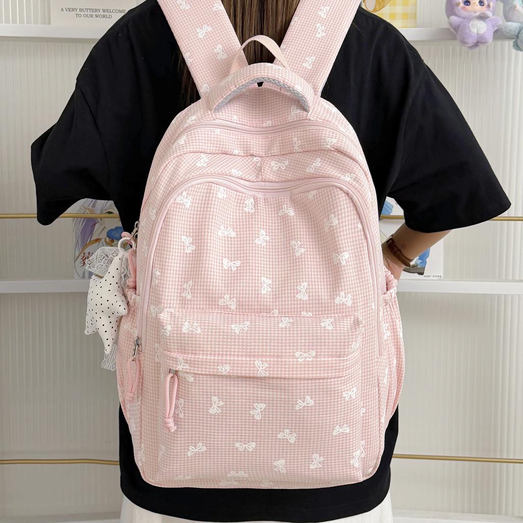 Schoolbag1011 New Plaid Printed Bow for Junior High School Girls, Versatile Large-capacity Lightweight Campus Solid-color Backpack