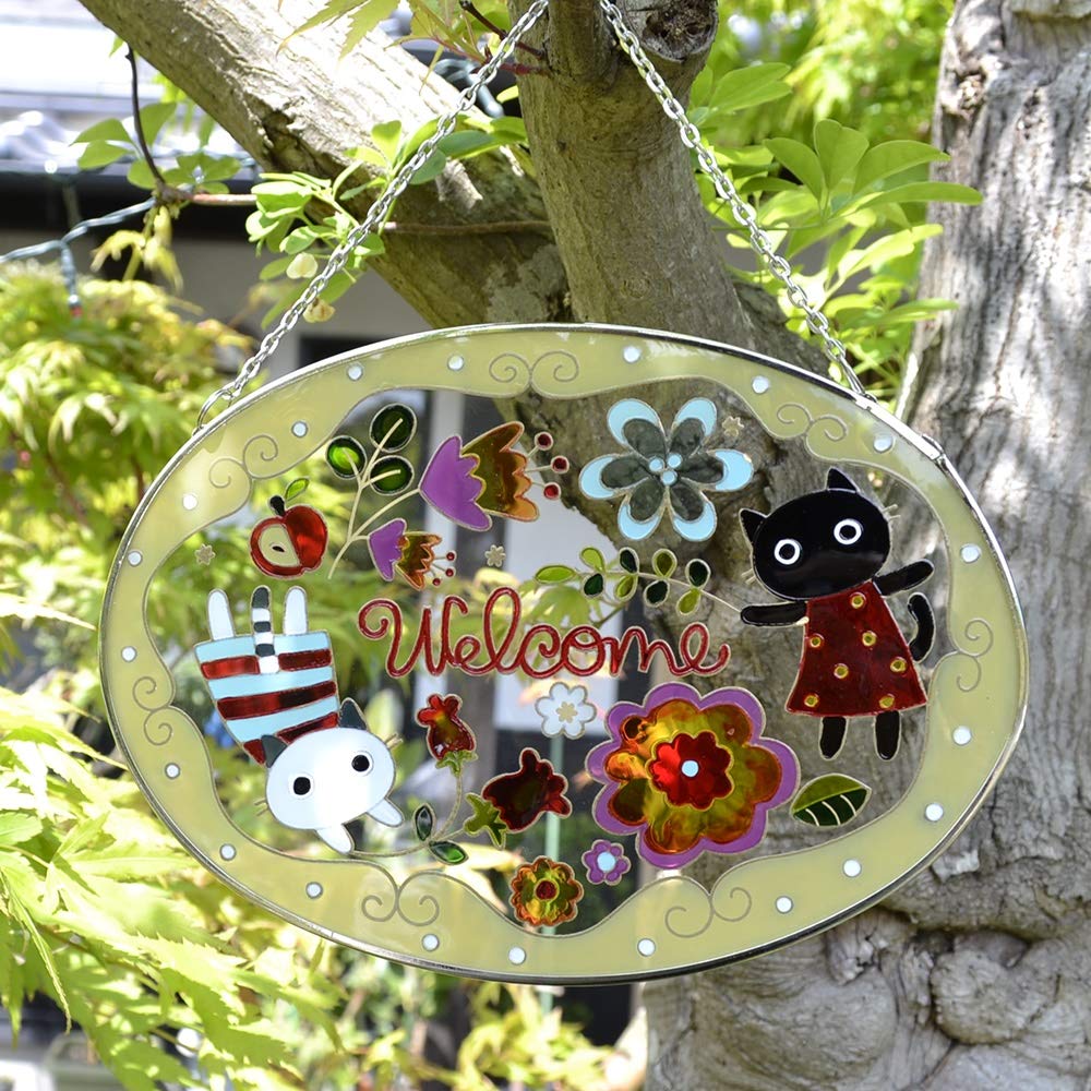 Fourcart Cute Handmade Glass Stained Frame Forest Cats Set of 6 "Fairytale Welcome"