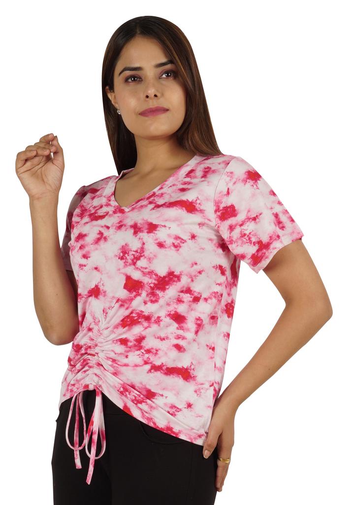 Moomaya Tie Dye Short Sleeve Ruching Tops For Women V-Neck Casual Jersey Tee