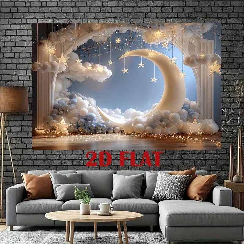 2D Dreamy Moon Star Cloud Backdrop Baby Shower Photography Background