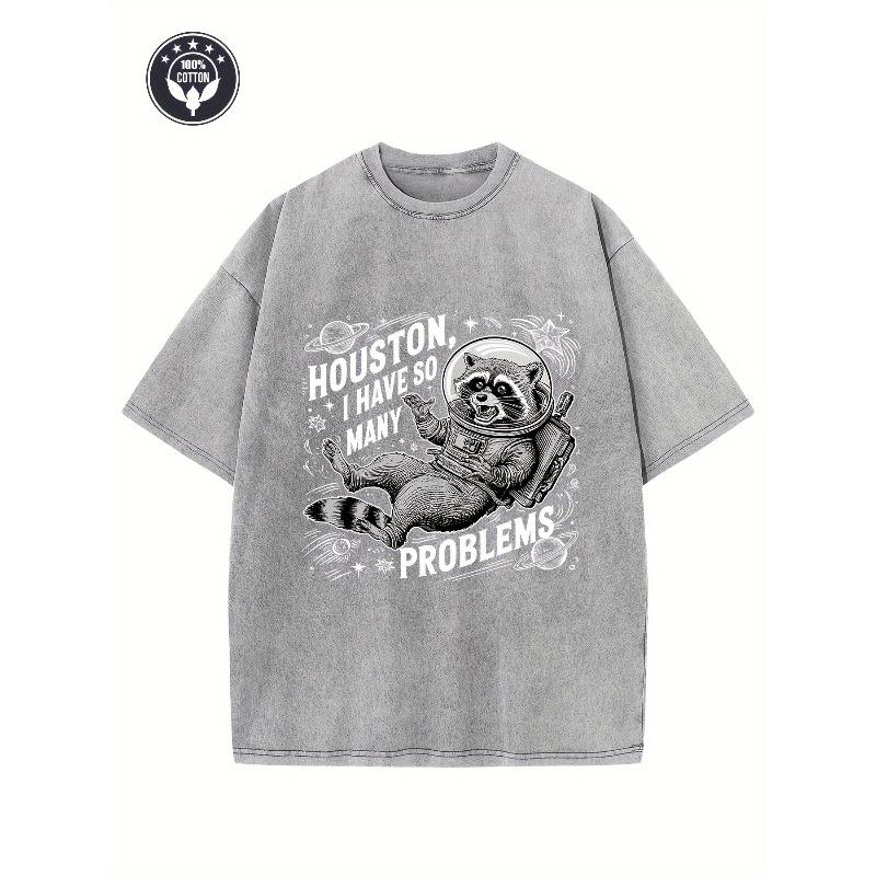 

Raccoon Creative Pattern Printing Heavy Pure Cotton Oversized T-shirt Washed T-shirt Men s Retro Street T-shirt Basic T-shirt Loose Hip-hop Top 5XL сірий