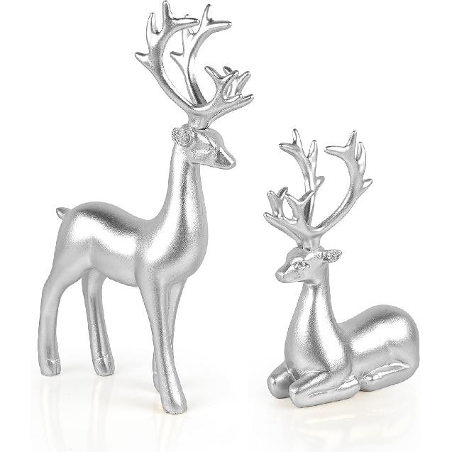 2 Pcs Christmas Reindeer Sculpture, Resin Elk Statues Deer Decorations for Home, Office, Bookshelf TV Stand, Living Room (Silver)