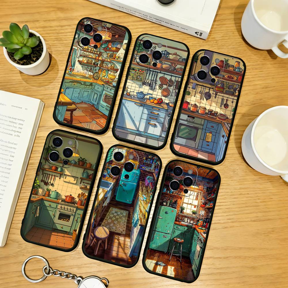 Cute anime kitchen pattern Phone Case For iPhone 17,16,15,14,13,12,11 Plus,Pro Max,XS,Soft Silicone Black Cover
