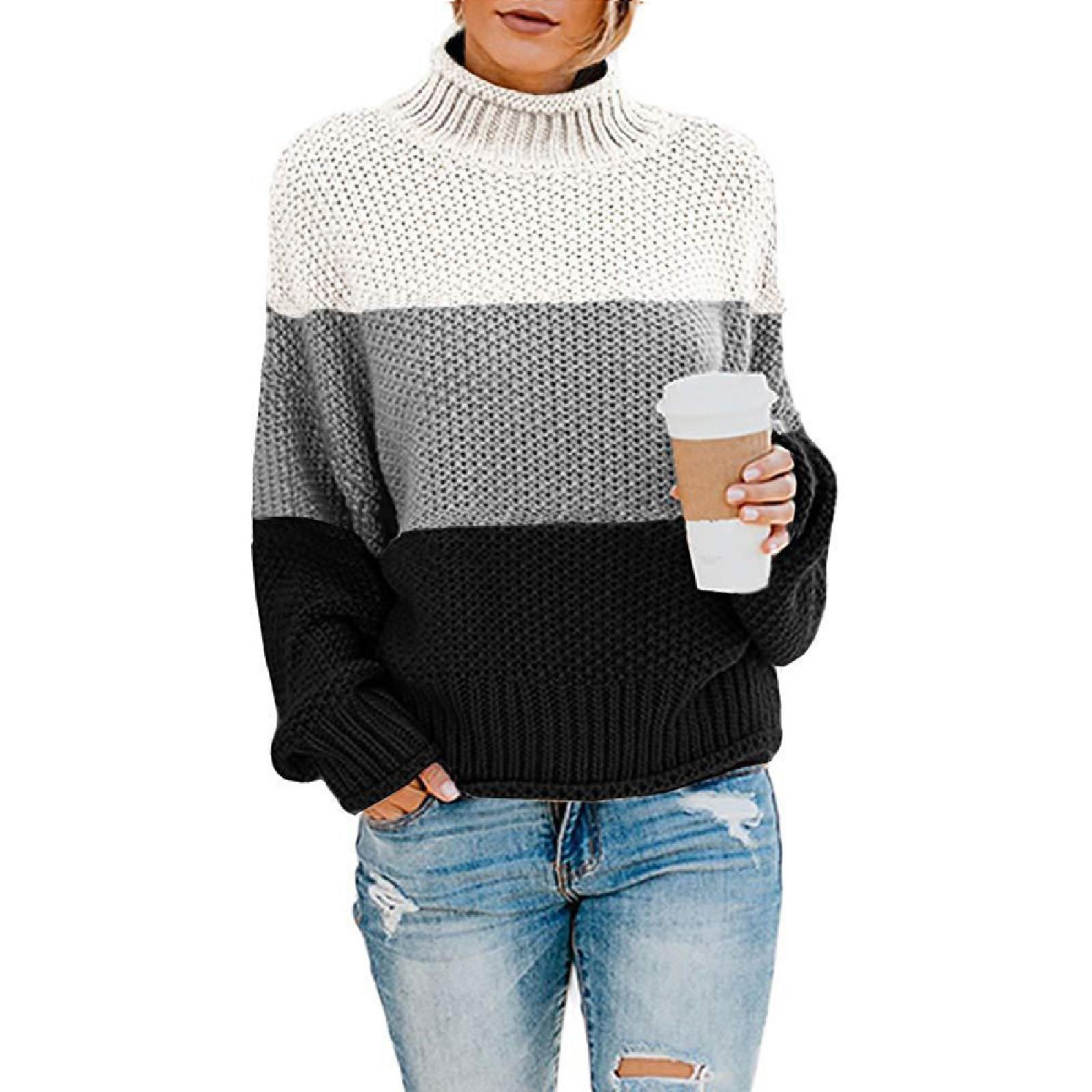 

Winter Women Knit Color Matching Round Neck Loose Casual Sweater Tops L чёрный