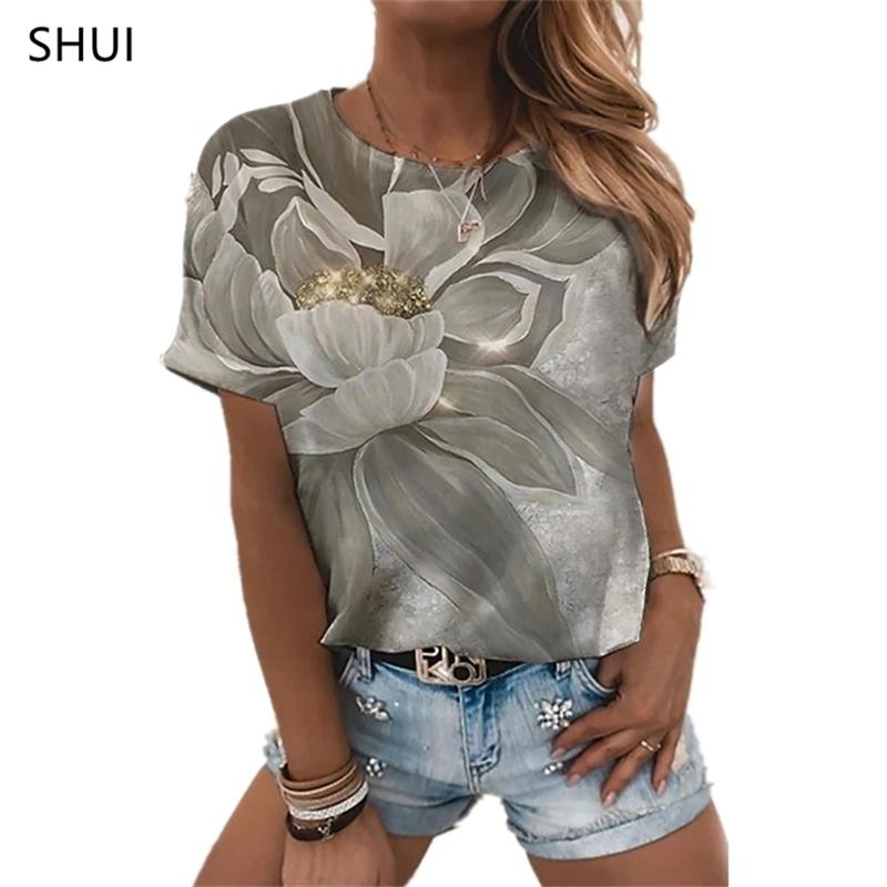 Fashion Artistic Flower Pattern T-shirt Women Summer Leisure Y2k Graphic Tee Female