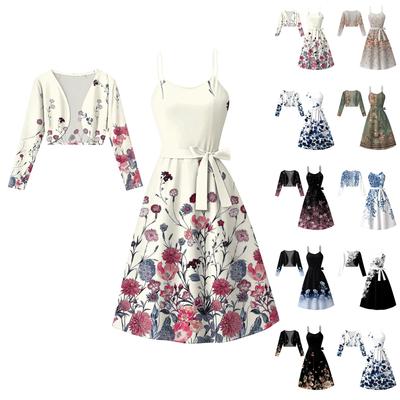 Women's  Fashionable And Casual Long-sleeved Short Cardigan Top + Belt + Strappy Dress Set