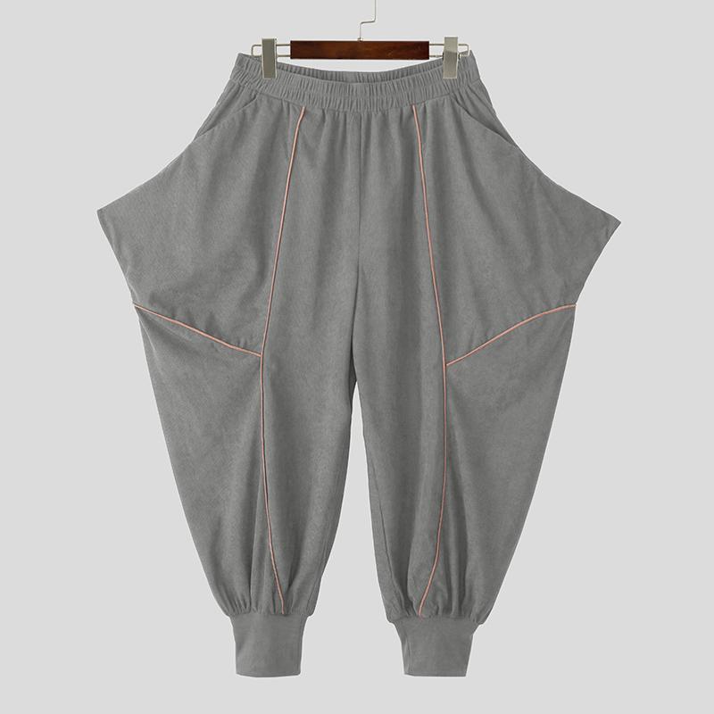 INCERUN Men Elastic Waist  Stitching Casual Long Texture Drop-crotch Pants Trousers
