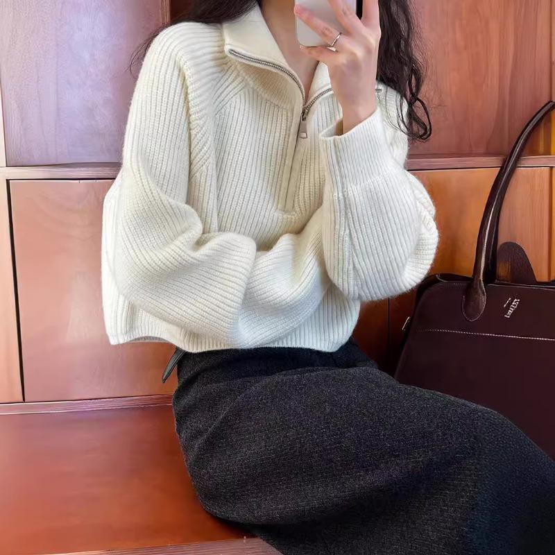 Women's Autumn and Winter Loose and Thickened Design Sense High Neck Zipper Solid Color Knit Short