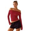 Elegant Off-the-Shoulder Pleated Waist-Cinched Long-Sleeve Cropped Top for Women - Autumn/Winter Collection