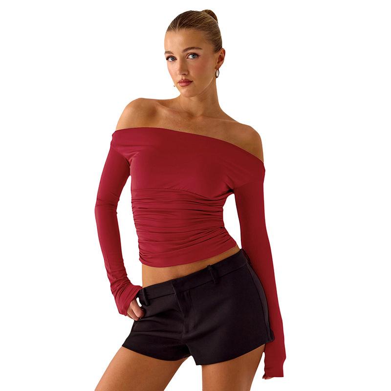 Elegant Off-the-Shoulder Pleated Waist-Cinched Long-Sleeve Cropped Top for Women - Autumn/Winter Collection