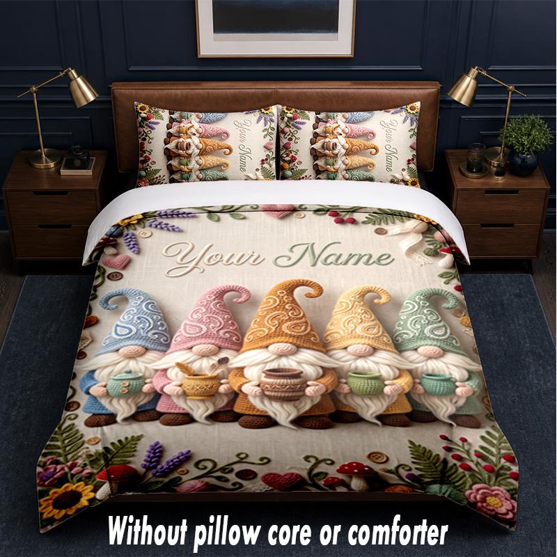 Gnome Theme Custom Text Or Name 3Pcs Bedding Set,1 Flat Sheet & 2 Pillowcases Personalized Home Bedding