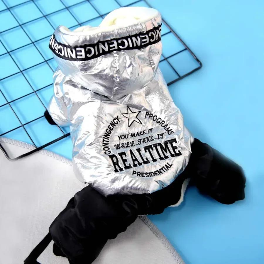 

Зимнее теплое пальто для собак, серебристый комбинезон, водонепроницаемая ветрозащитная куртка для щенков, толстый флисовый комбинезон для маленьких собак, одежда с капюшоном для домашних животных L