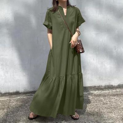 Sommer Casual V-ausschnitt Kurzarm Einfarbig Frauen Langes Kleid