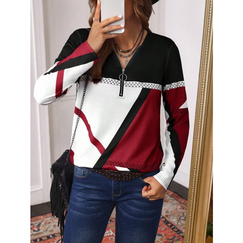 LanaWest Damen Casual Herbst/Winter Langarm-T-Shirt mit halbem Reißverschluss am Ausschnitt, Grafik-T-Shirts mit geometrischem Print, Damenoberteile für den Frühling