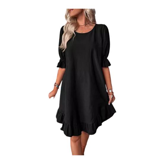 Women's Summer Cotton Linen Dress Casual Crew Neck Short Sleeve Midi Dress Beach Vacation Ruffle Hem Loose Dress