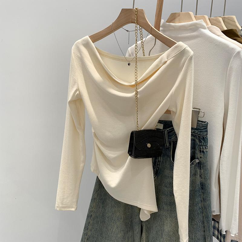 Slim-fit irregular swinging collar shoulder top women's autumn new sweet and spicy versatile bottoming shirt long-sleeved T-shirt