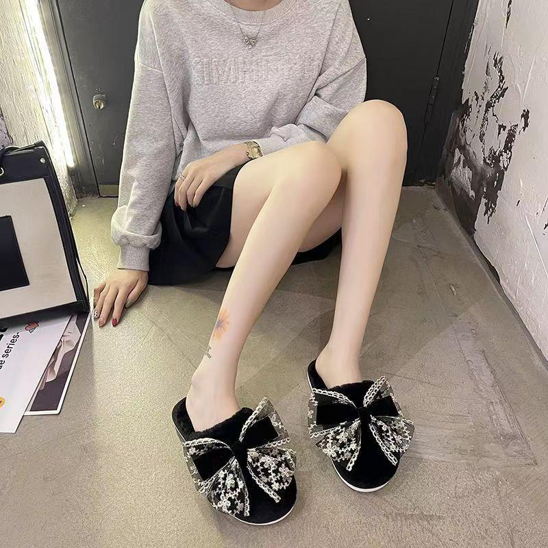Mode Zapatos Mode Niedliche Damen Baumwollpantoffeln 2025 Winter Neu Runde Zehenpartie Flache Schuhe Schlichte Schleife Damenschuhe Zehentrenner Für Damen