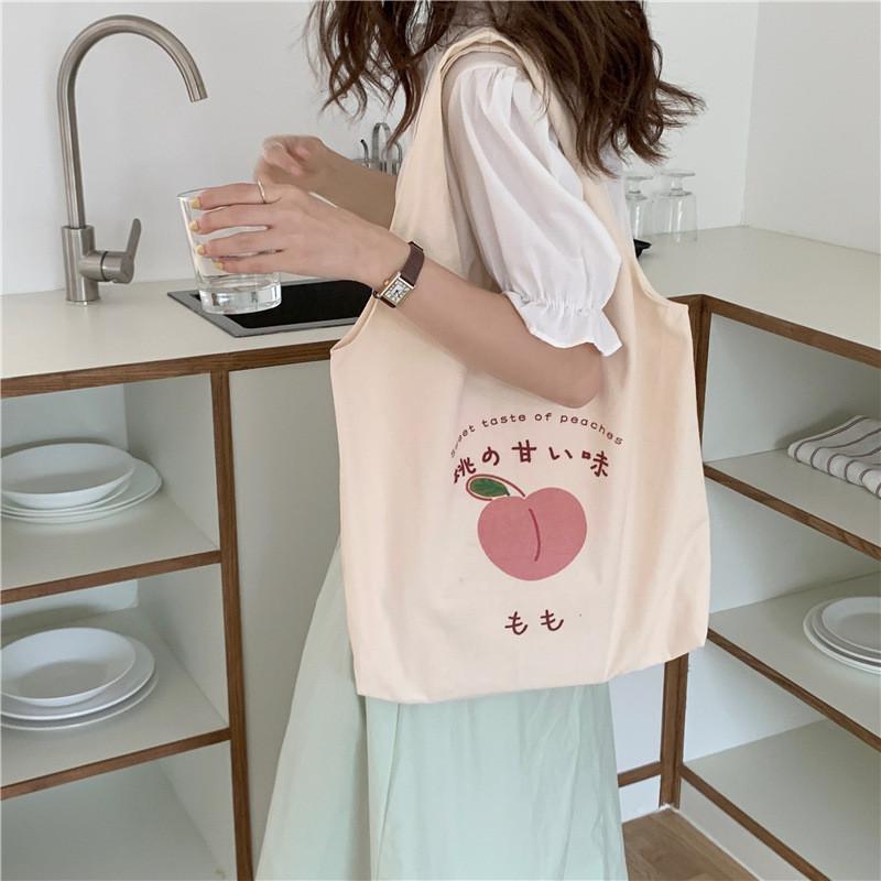 Stylish Peach Print Canvas Tote Bag For Women Medium Sized With Magnetic Closure