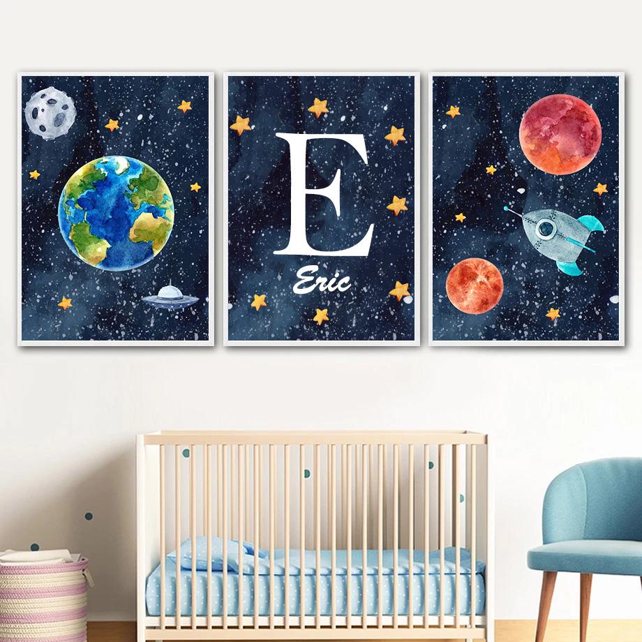 Custom Kids Name Wall Art Poster Print Space Rocket Astronaut Planet Nursery Canvas Painting Personalized Wall Art Painting Art
