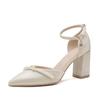 Fashion Pearl One Buckle High Heels Women's French Satin Pointed Toe Shallow Block Heel Non-Slip Square Heel Single