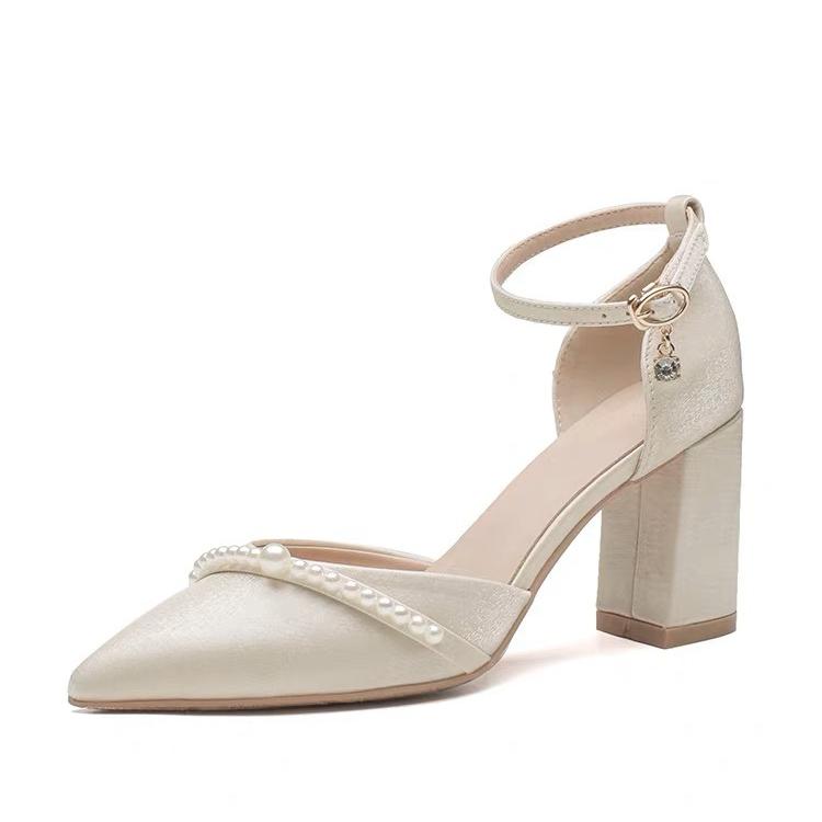 Fashion Pearl One Buckle High Heels Women's French Satin Pointed Toe Shallow Block Heel Non-Slip Square Heel Single