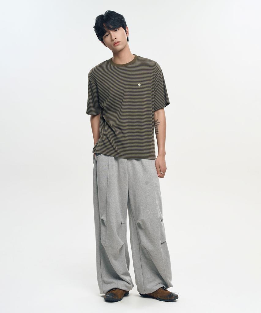 SLOW RECORD HOUSE Striped Short Sleeve T-Shirt_Khaki