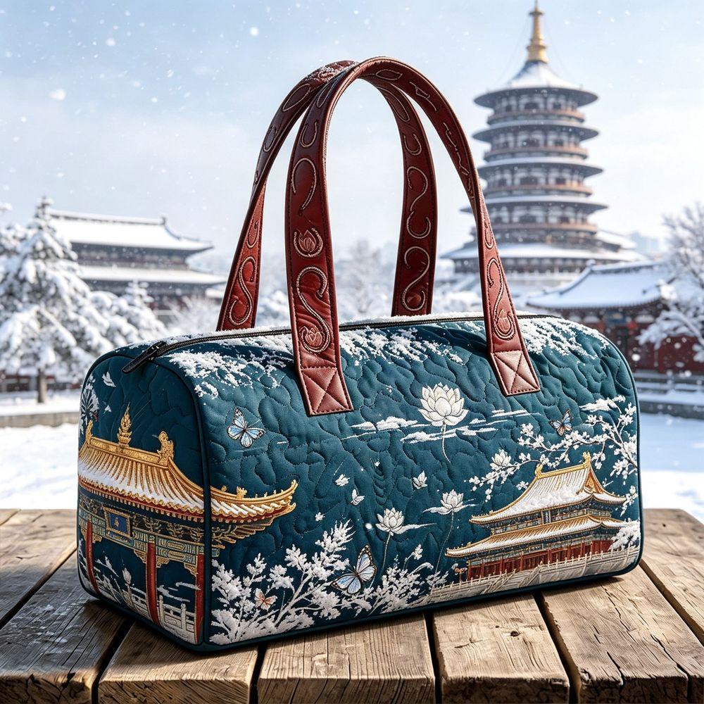 Teal Blue Quilted Duffel Bag Tote Handbag Fitness Beach Bag 3D Bohemian Inspired by East Asian Architecture Nature Mixed Color Leisure