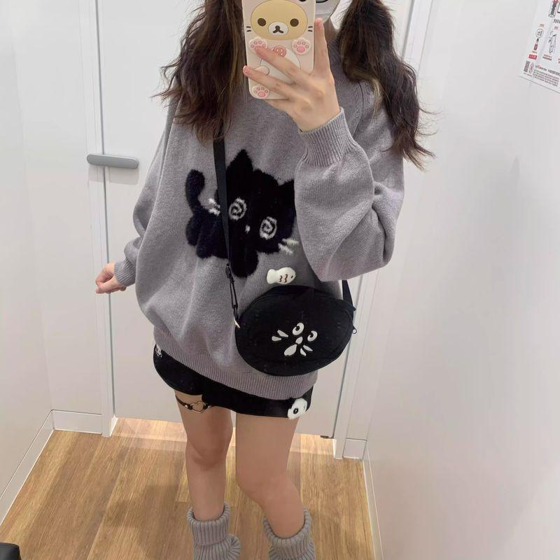 

Autumn Winter Retro Japanese Cartoon Kitten Pullover Sweater Female Loose and Lazy Style Small Knitting Bottoming Shirt Tops Grey L