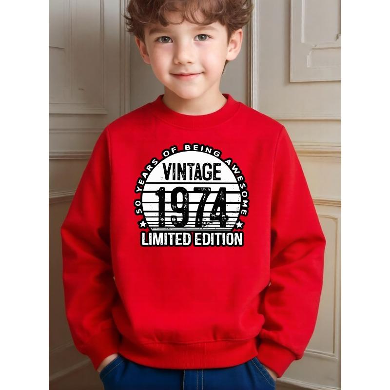 Retro Style Boys' Fifty Years Anniversary Pattern Crewneck Sweatshirt for Daily Wear School Activities And Casual Occasions