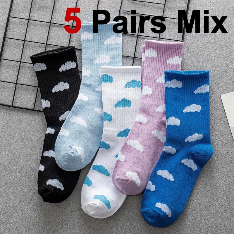 1/5 Pairs Cloud Patterned Women Mid Tube Cotton Socks Soft Comfortable Odor Proof Sweat Absorbing Breathable Casual Socks