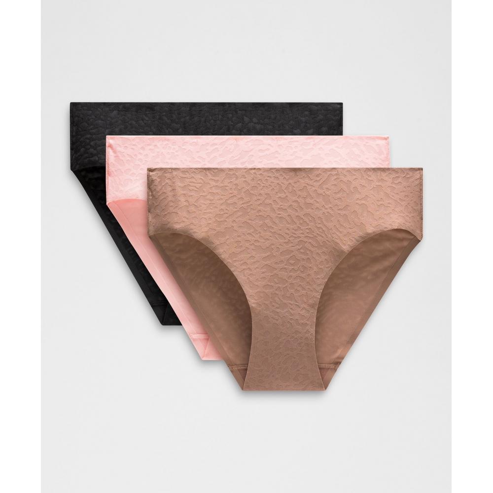 

Lululemon Invisiwear Mid Rise Bikini Underwear Performance Lace 3 Pack Black Lace Twilight Rose Lace Strawberry Milkshake Lace XS