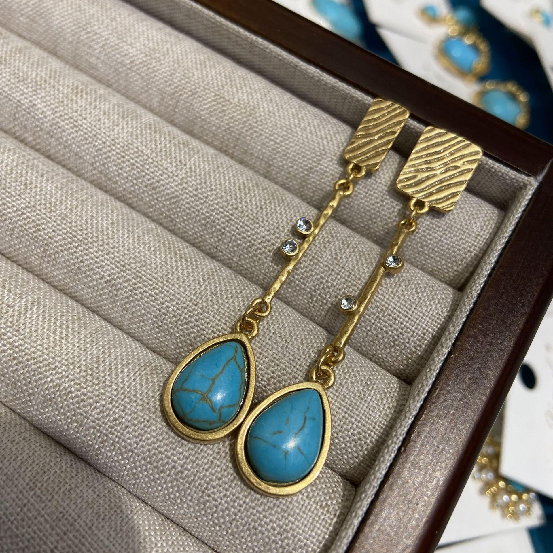Copper Gold-Plated Water Drop Tiger S Eye Stone Earrings, Turquoise Earrings, Earrings, Maillard Tiger S Eye Stone Water Drop Earrings.