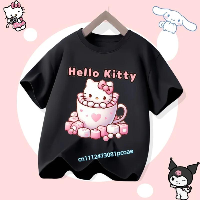 2026 Hello Kitty Summer Tshirt  Cotton ShortSleeved Girls Sportswear with Cartoon Print for Children Aged 112 Years Old