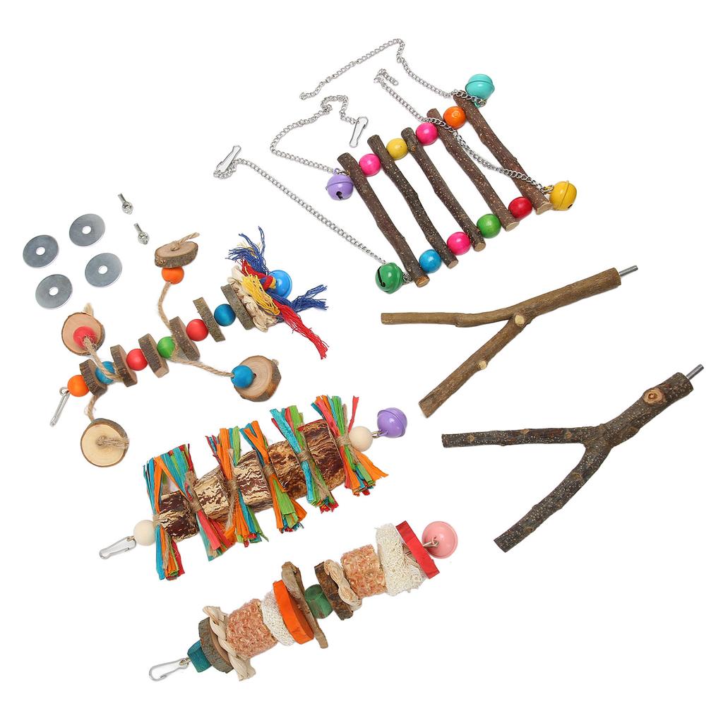 6 buc Jucării de mestecat pentru papagali, leagăn amuzant, colorat, bușteni naturali, frunze de porumb, știulete de porumb, nuci, pasăre, papagal