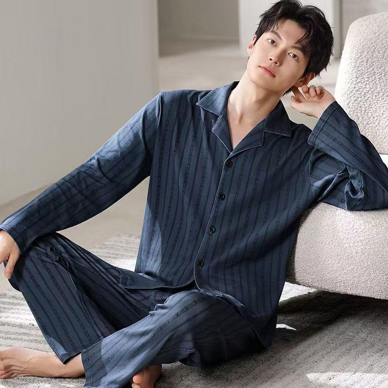 Men's Plus Size Cotton Pajama Set: Long Sleeve & Pants for Spring/Autumn, Versatile Indoor/Outdoor Wear.