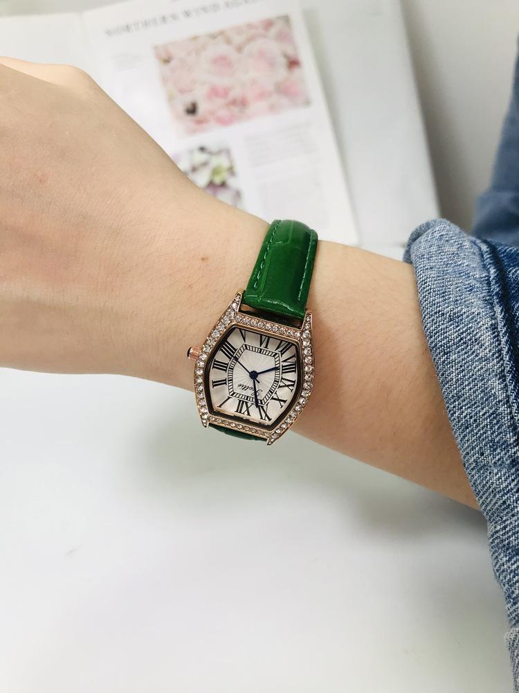 Barrel-Shaped Simple Watch Women'S Fashion Diamond-Encrusted Roman Face Leather Waterproof Women'S Watch