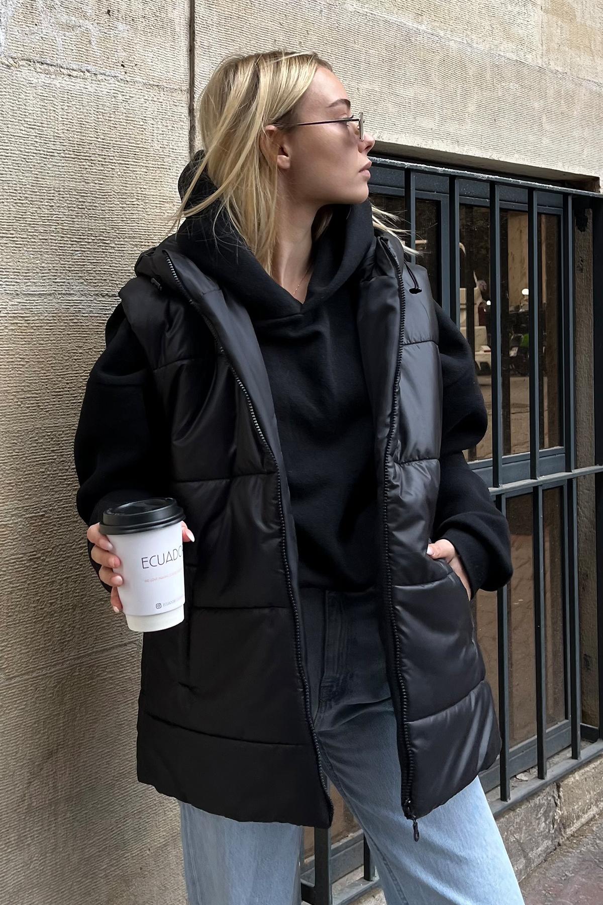 

Женская черная толстовка с карманом и объемным надувным жилетом ALC-X9455..