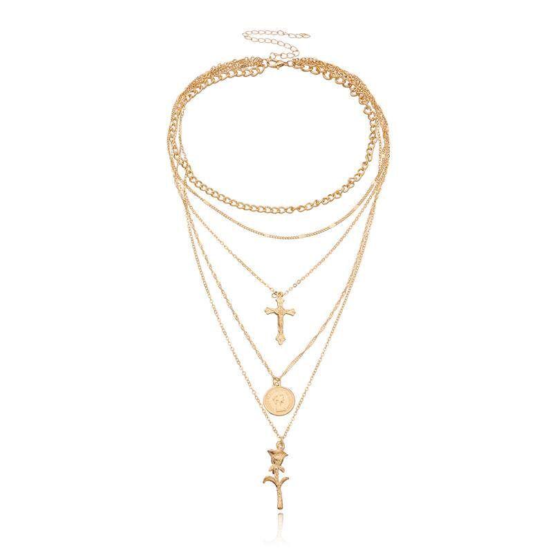 

Fashion Cross-Border Sold Jewelry Fashion Cross Queen Head Pendant Necklace Female Elegant Multi-Layer Rose Necklace Gold
